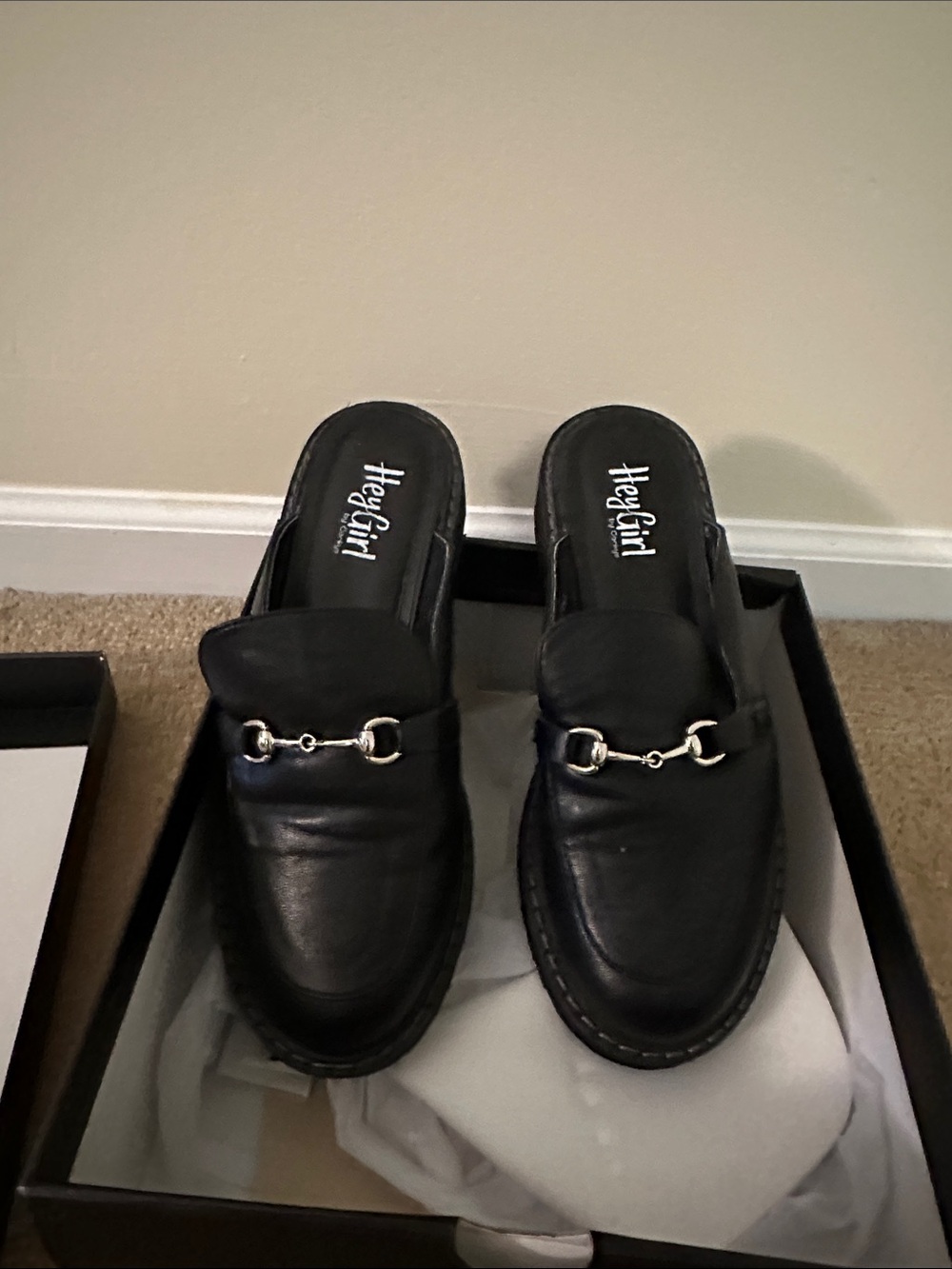 Hey Girl Black faux Leather Slide Loafers with Silver Bit